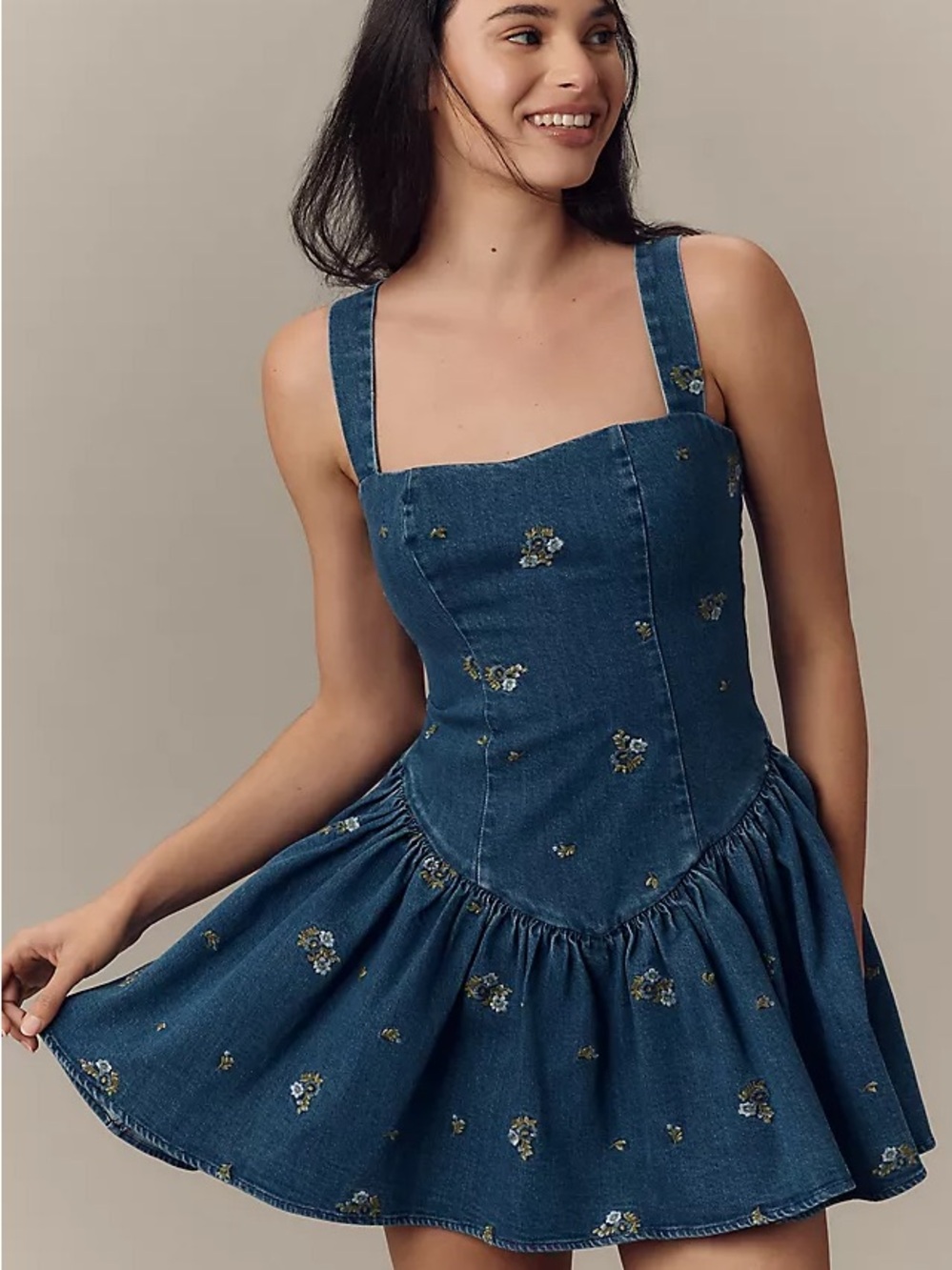 Avec Les Filles Denim Mini Dress with Floral Embroidery - Blue